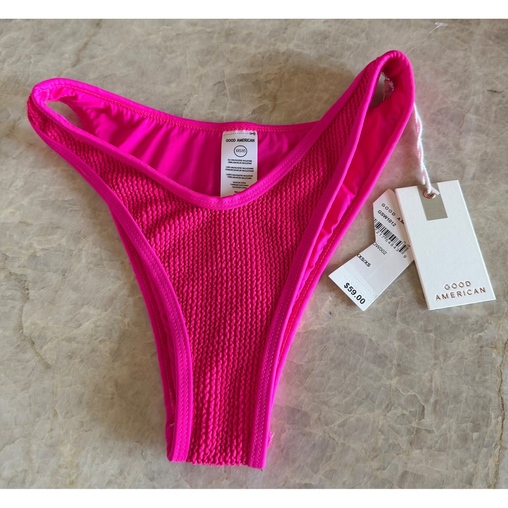 NWT Good American Hot Pink Crinkle Seersucker High Cut Bikini Bottom XXS/XS